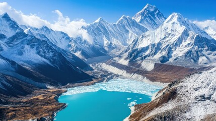 Majestic snow capped mountains and a turquoise lake below them