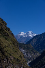 Fototapeta premium Landscape of Himalaya, Panoramic view of Himalayan mountain covered with snow. Himalaya mountain landscape in winter at Kedarnath valley.