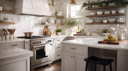 Elegant Modern Kitchen Interior with White Cabinets, Shelves, and Natural Light from Windows