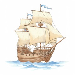 Vintage Wooden Sailing Ship on Calm Ocean Waters