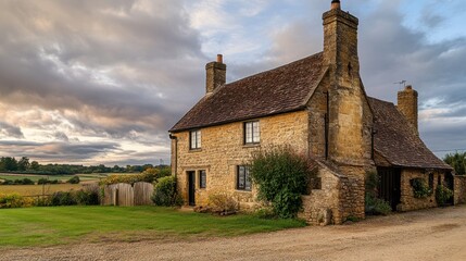 Fototapeta premium A picturesque stone cottage with chimney and a lovely view