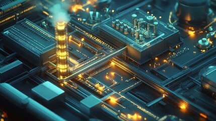 Obraz premium Detailed top-down view of a futuristic industrial complex, with intricate piping, machinery, and glowing lights.