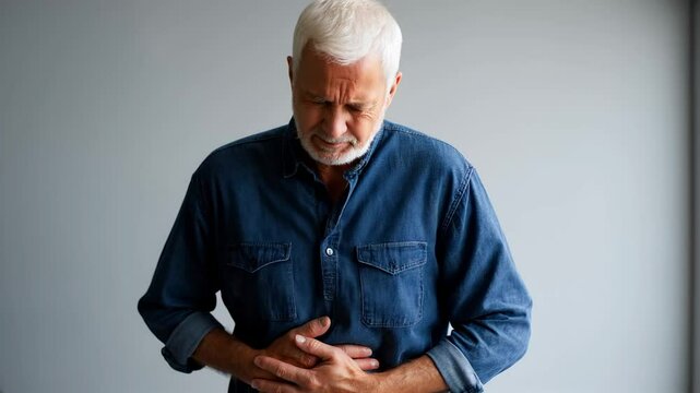 Senior man in pain with his hands covering his stomach