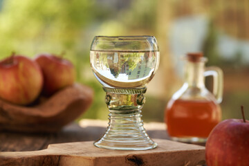 A glass of water with apple cider vinegar outdoors