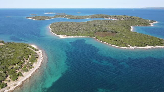 Aerial footage of the Brijuni archipelago in the Adriatic Sea, Croatia, Europe. Drone video, sea, islands, summer.