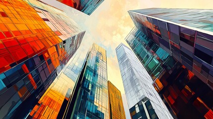 Modern high-rises in Singapore City, captured from a low angle, showcasing sleek lines and the futuristic urban character of the skyline.  