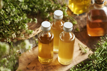 Herbal tincture in three glass bottles with fresh blooming shepherd's purse plant