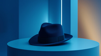 A floating navy blue hat in a futuristic product showcase, illuminated by soft ambient.