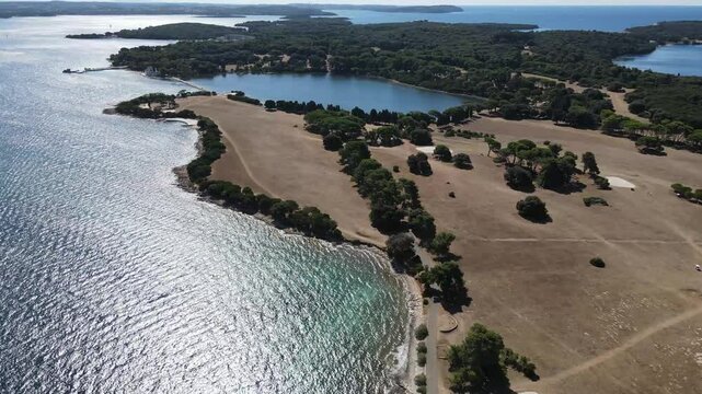 Aerial footage of the Brijuni archipelago in the Adriatic Sea, Croatia, Europe. Drone video, sea, islands, summer.