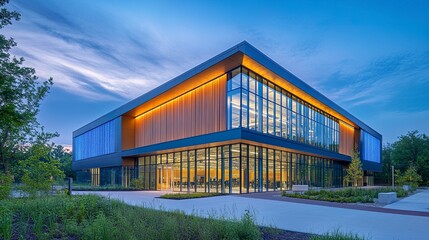 Obraz premium Modern office building featuring bioluminescent panels, designed to glow softly while harnessing natural light to reduce energy use. 