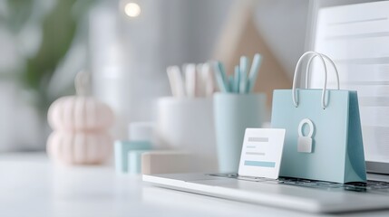 Stylish Office Workspace Featuring Laptop, Shopping Bag, and Stationery with Security Theme