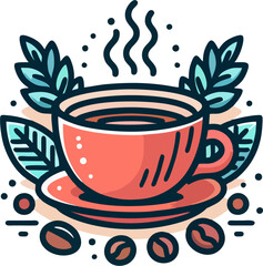 Red Coffee Cup Vector with Steam and Coffee Beans – Artistic Flat Design with Tropical Leaves