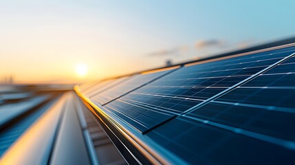 Close-Up of Solar Panels Capturing Sunlight at Sunrise on a Clear Horizon