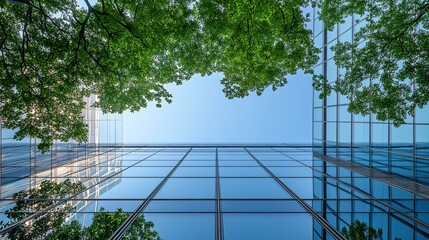Modern office building with a sustainable glass facade and integrated tree systems, creating a green, CO2-reducing urban workspace. 