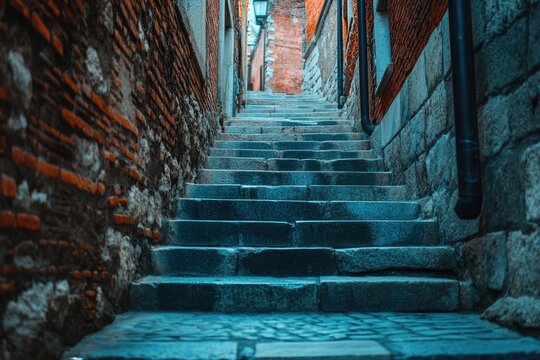Ancient stone steps ascend a narrow alleyway, lined with aged brick walls.  Shadows deepen towards the top