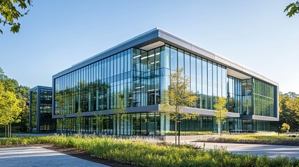 Obraz premium Modern office building with sleek glass facades, framed by vibrant green trees in the foreground, symbolizing business growth and success. 