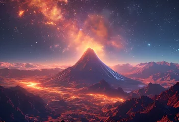 Gardinen a vibrant, digitally rendered landscape depicts a glowing volcanic peak surrounded by rugged mountains under a star-filled, nebula-streaked sky. © KarpenArt Studio