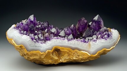 Stunning amethyst geode cluster on gold base beautiful purple crystals natural mineral specimen luxury