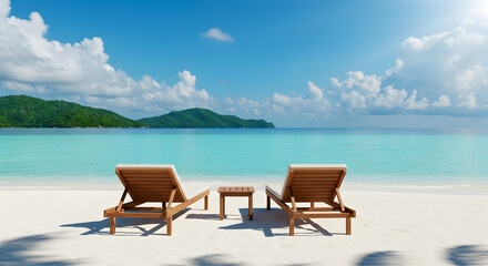 Two Empty Wooden Lounge Chairs on White Sand Beach with Turquoise Water and Lush Green Island Under Blue Sky