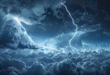 a dramatic display of bright lightning forks illuminating a turbulent, dark blue cloudscape under a starlit night sky.