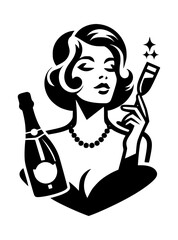 Retro Woman with Champagne Vector Icon Logo