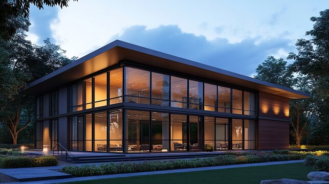 Modern prefab business park building at dusk, glazing and metal cladding enhanced by soft exterior lights, emphasizing a sleek and utilitarian design.  