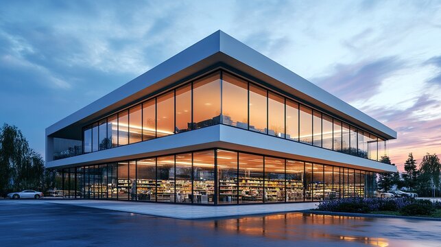 Modern supermarket building 3D render sleek facade large glass windows minimalist design vibrant lighting clean surroundings wide-angle view. 