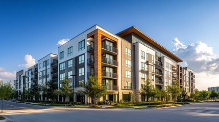 Obraz premium Modern urban apartment complex with smooth surfaces, geometric patterns, and large windows, under clear, bright skies. 