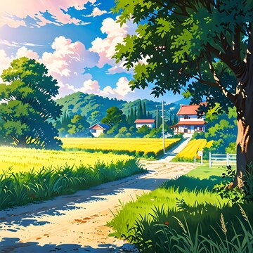 "Anime-style countryside view with a large, leafy tree in the foreground and a dirt road surrounded by ripe wheat. Background features rolling hills and a few red-roofed houses."





