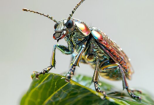 a brilliantly iridescent jewel beetle clings to a vibrant green leaf, showcasing its metallic sheen and intricate details in a close-up macro shot. - Powered by Adobe