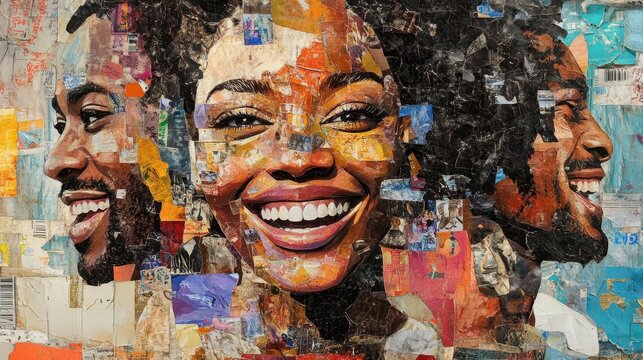Vibrant collage artwork of diverse african faces expressing joy