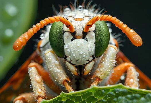 a close-up macro shot reveals the detailed face of a vibrant orange and white wasp covered in tiny water droplets, perched on a green leaf.