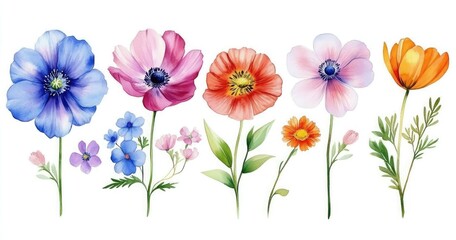 Watercolor Blossom Assortment Blue, Pink, Red, and Orange Flowers on White Backdrop