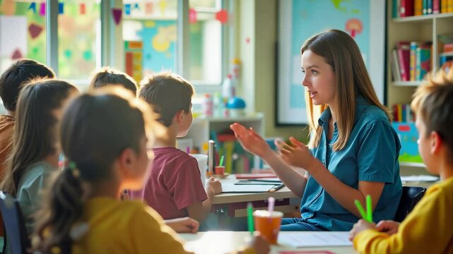 Smiling female teacher interacting with elementary school children in bright classroom. Educational environment with engaged students at desks. Primary learning scene with cheerful instructor