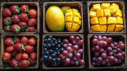 Colorful fruits and vegetables display in wooden boxes