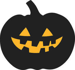 A charming black pumpkin with triangular eyes and a toothy grin brings festive Halloween vibes with its vibrant orange-yellow face.