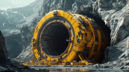 Futuristic large yellow machine in mountainous tunnel entrance for industrial exploration