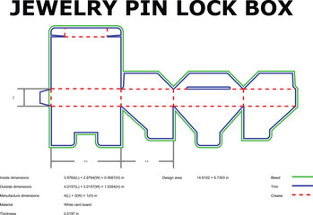 Detailed diecut template design for a jewelry pin lock box showing dimensions and labeled areas for manufacturing and assembly