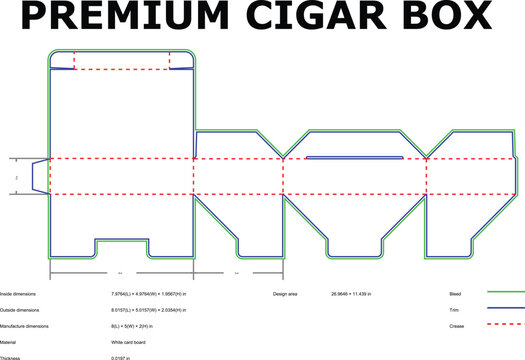 Detailed blueprint showcasing the diecut design of a premium cigar box with precise dimensions for manufacturing and packaging.