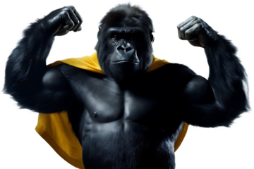 Strong gorilla superhero flexing muscles with yellow cape isolated on white background PNG