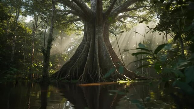 Giant sumauma tree in the Amazon rainforest with light rays