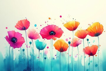 Watercolor floral painting with vibrant poppy flowers on a white background