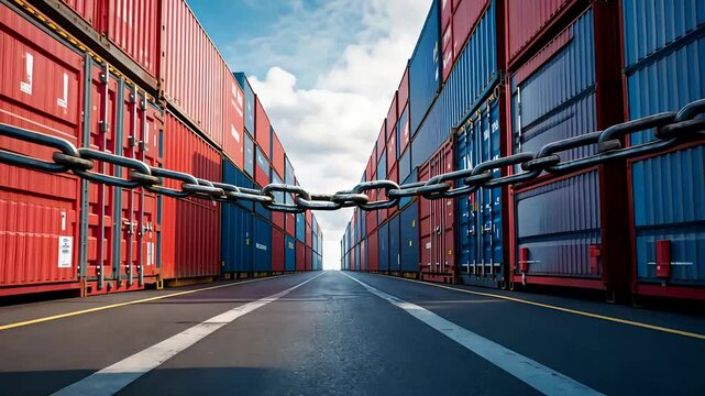 Locked Shipping Containers with Heavy Chain in Industrial Yard