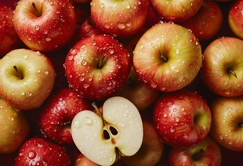 a close-up overhead view of a pile of wet red apples with a halved apple in the center.