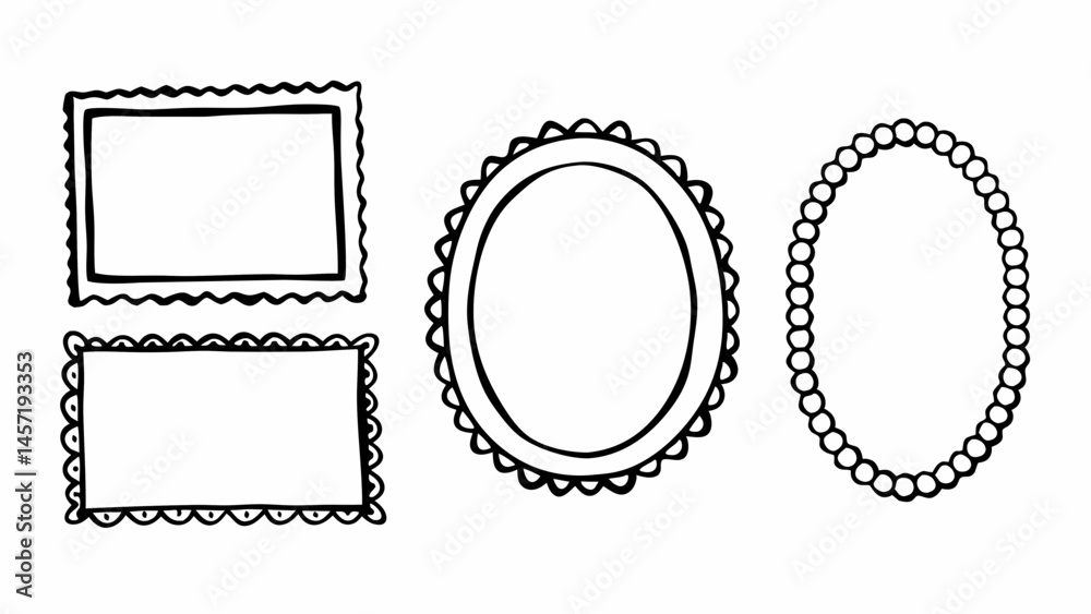 Poster illustration of two rectangular frames and two oval frames with decorative borders in black and whit