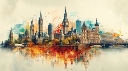 Obraz premium Colorful watercolor reflection of london landmarks with big ben