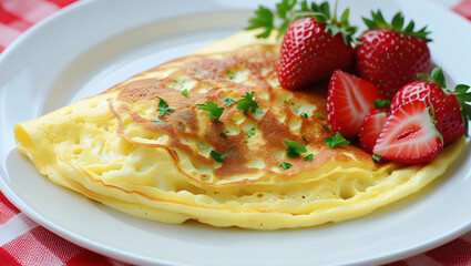 This image features a well presented omelet on a white plate.