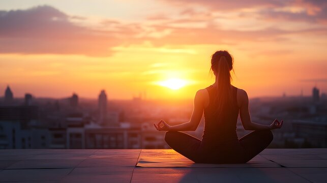 Woman meditating on rooftop at sunset in lotus position with cityscape in the distance and orange sky