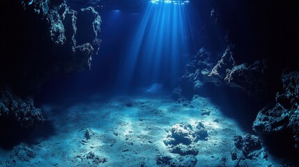 Sunlight streaming into tranquil underwater cave with rocky surroundings