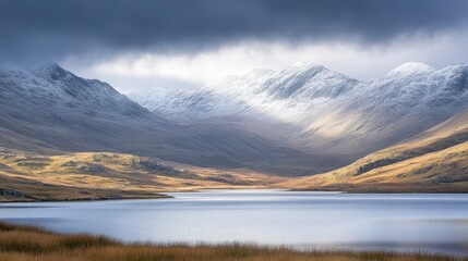 A Serene Mountain Lake Scene With Sun Breaking Through Storm Clouds